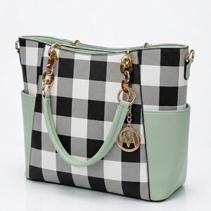 Mia K Collection Buffalo Plaid Tote Bag Sage Green White Vegan Leather - B008